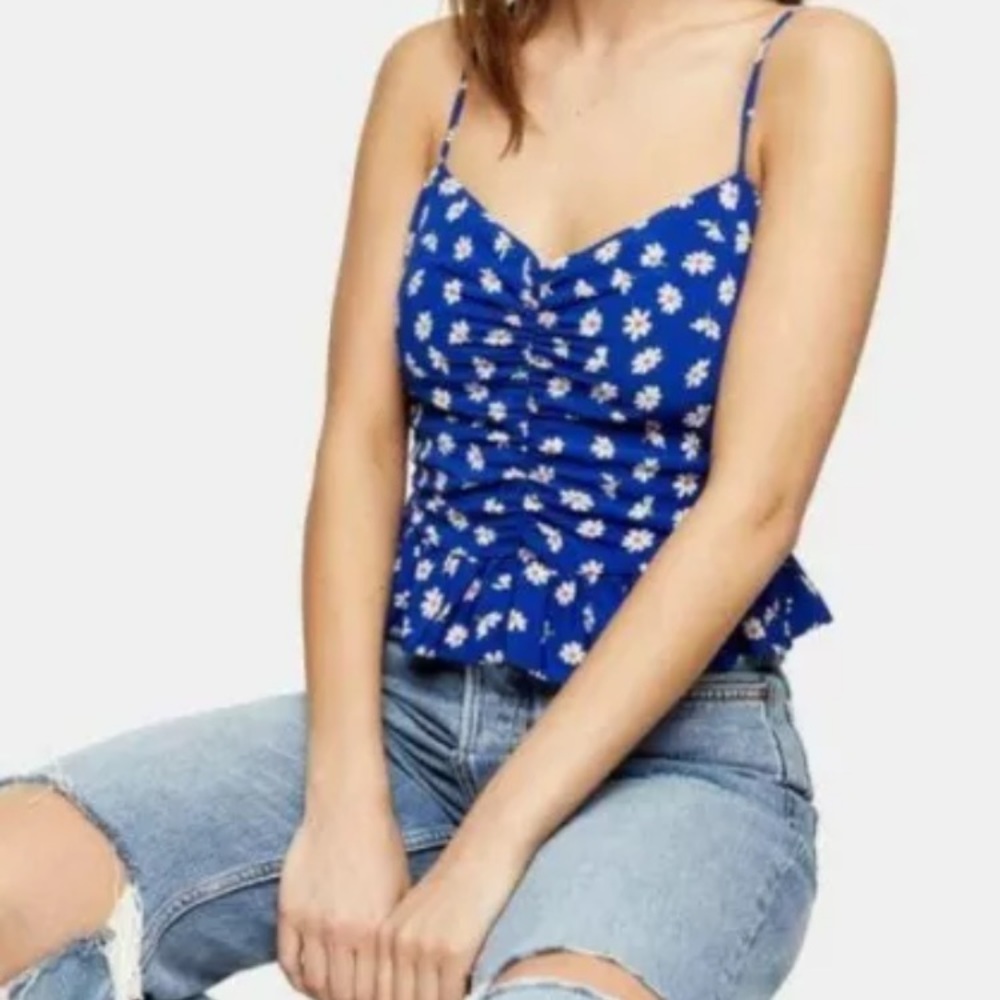 TOP SHOP Ruched Daisy Blue Floral Cropped Tank Top